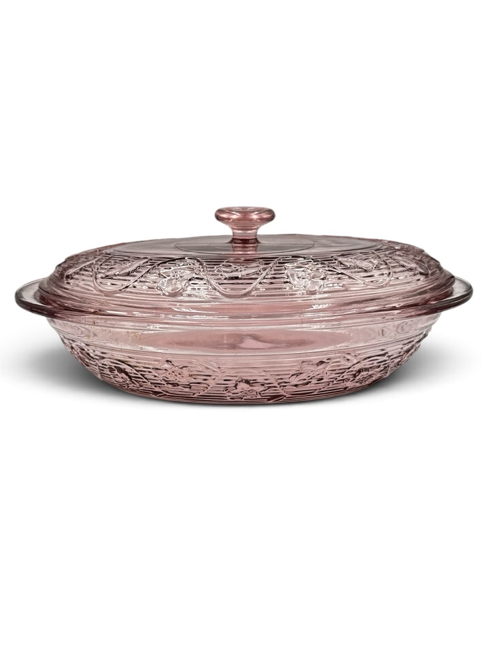 Vintage Anchor Hocking Avalon Pink Floral Glass Covered Casserole Dish 13”